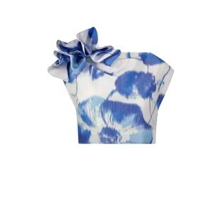 LELA ROSE 
Ruffled Abstract-Print Crepe De Chine Crop Top